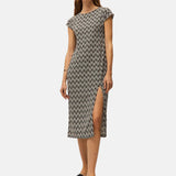 System Action - V26VE361-40 – Vestido negro estampado de manga corta con frunces - Mujer