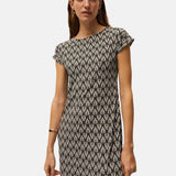 System Action - V26VE361-40 – Vestido negro estampado de manga corta con frunces - Mujer