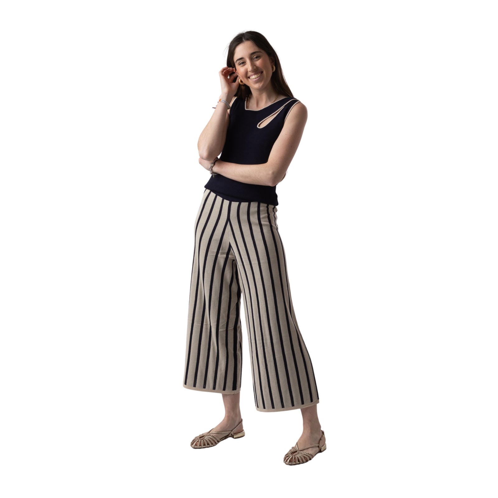 Pantalones rayas negras beige casual mujer | Konestilochic