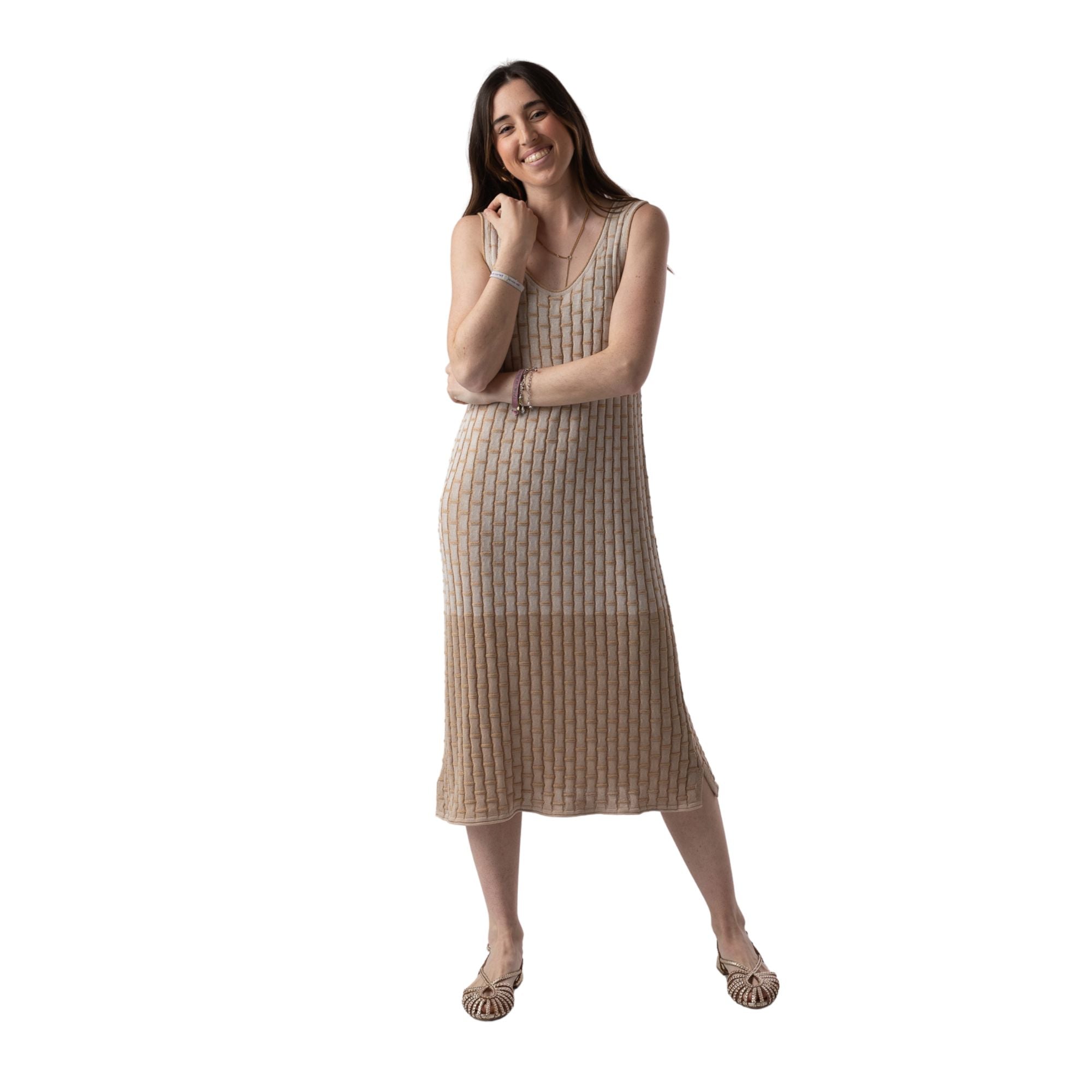 Vestido Midi Beige con Lúrex Mujer | Konestilochic