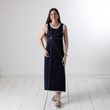 WNT Collection - W126000-08 – Vestido azul marino de punto desagujado con pespunte en contraste - Mujer