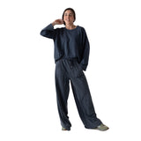 WNT Collection - W126802-08 – Pantalones de felpa de algodón azul marino con cintura elástica ajustable - Mujer