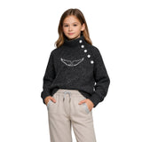 Zadig&Voltaire - X60808-A48 - Jersey de lana gris jaspeado de cuello alto y mangas raglán - Niña