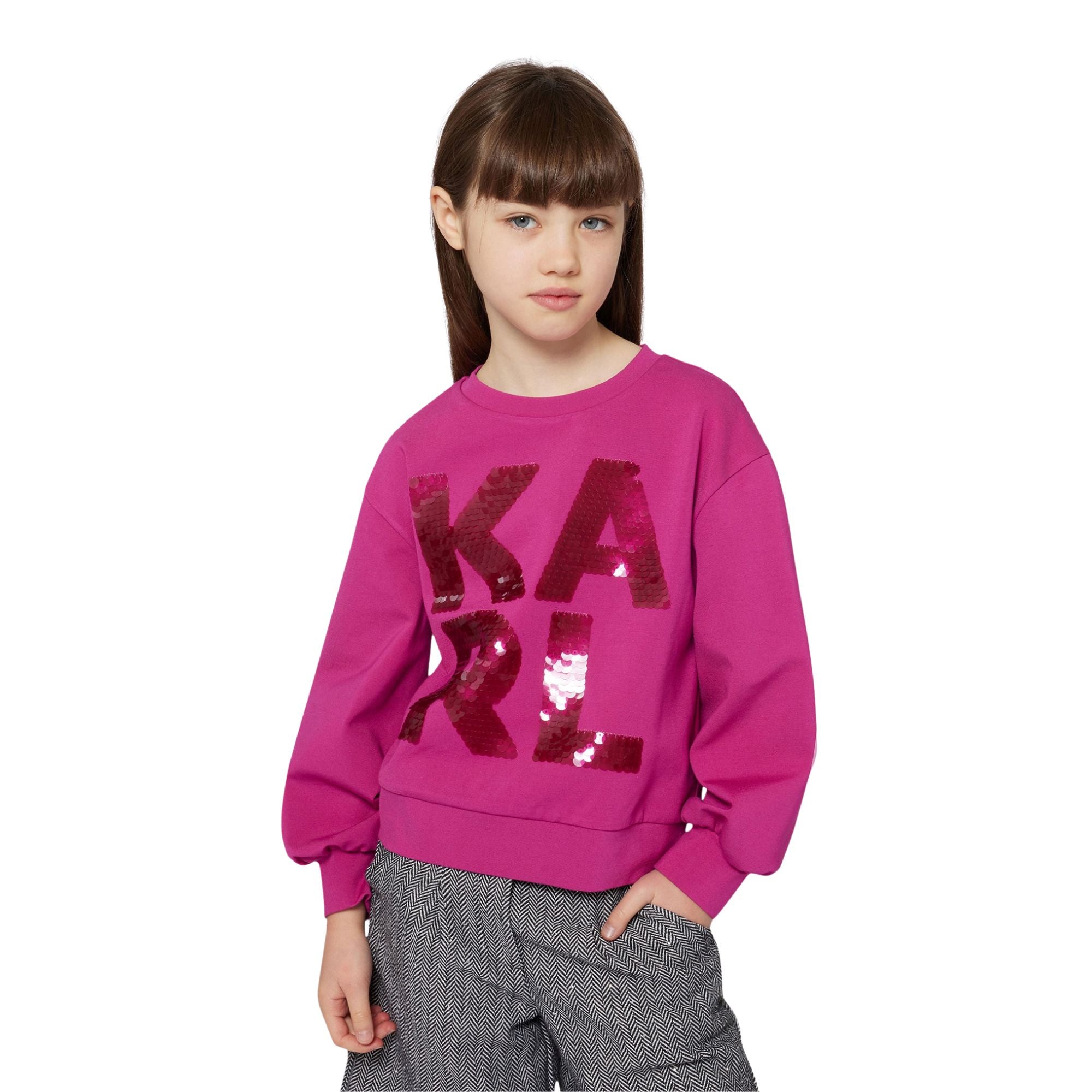 Sudadera fucsia niña KARL LAGERFELD Kids con lentejuelas Konestilochic